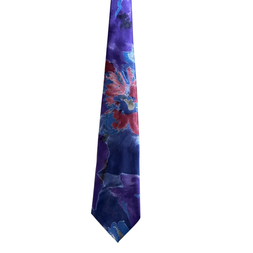 Italian All Silk Hand Made Necktie Purple Blue Floral Abstract Watercolor Tie